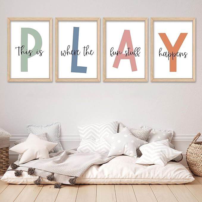 YWJKWLGS This Is Where The Fun Stuff Happens Kids Playroom Wall Decor 16"x11" Set of 4 Nursery Interesting Modren Wood Framed Let's Play Prints Sign for Boy Toddler Children Wall Hanging Art (Wood)
