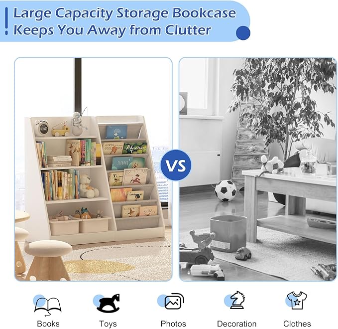 HedoAjim White Kids Bookshelf Wood Toy Storage Organizer Cabinet Children Bookcase Toddler Baby Sling Book Rack Adjustable Shelf for Playroom Bedroom Nursery Hallway School Kindergarten