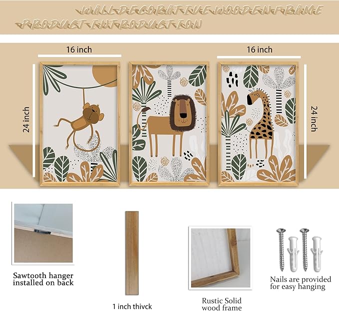 Baby Safari Animals Wall Art 16"x24" Set of 3 Boy Girl's Kids Room Boho Wood Framed Sign Rustic Farmhouse Vintage Nursery Children's Room Cute Wildlife Prints Wall Prints Hang Decor (Wood)