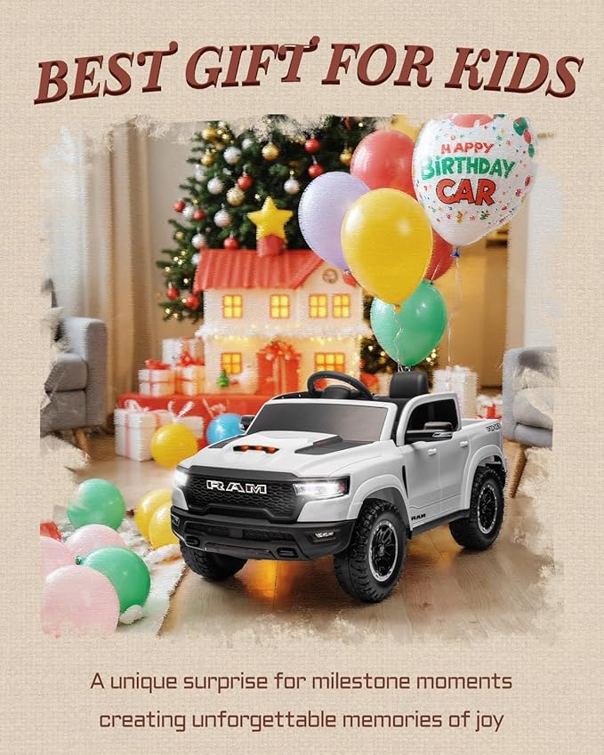 First Ride On Licensed Ram 1500 RHO 12V Kids Ride on Truck, Toddler Ride on Toys with Remote Control, Children Electric Vehicles with Truck Bed Storage, Smooth Start, Music, Bluetooth (White)