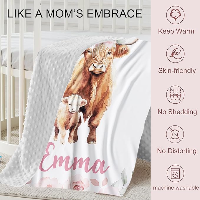 Personalized Crib Bedding Set for Boys Girls, Custom Baby Crib Sets with Name, Pink Highland Cow Design Nursery Bedding 2 Piece - Soft Blanket with Double Layer Dotted Backing, Crib Fitted Sheet