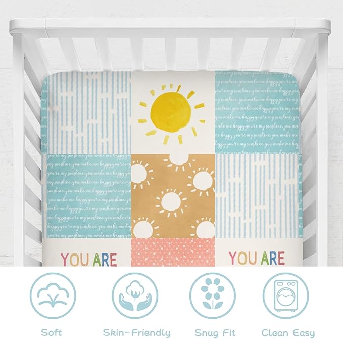 Colorful Boho Sun Baby Crib Sheet 52''x28'' Cute Sunshine Stripes Stretchy Fitted Mattress Sheets for Boy Girl Letters Quote Nursery Toddler Bed Sheets for Standard and Toddler Mattress