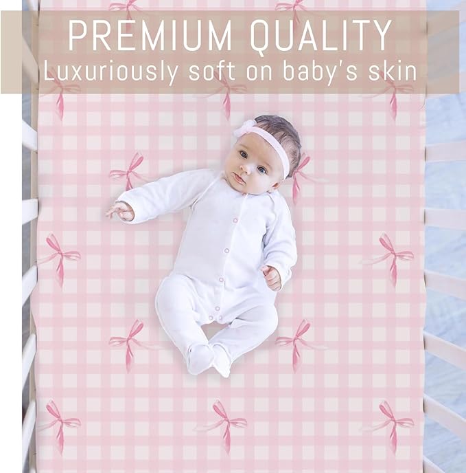 Watercolor Pink Bows Checkered Baby Crib Sheets for Girls Pastel Pink Bows Ribbon Plaid Soft Snug Fitted Crib Mattress Covers for 52''x28'' Standard Crib & Toddler Mattress Girly Valentine Bed Sheets