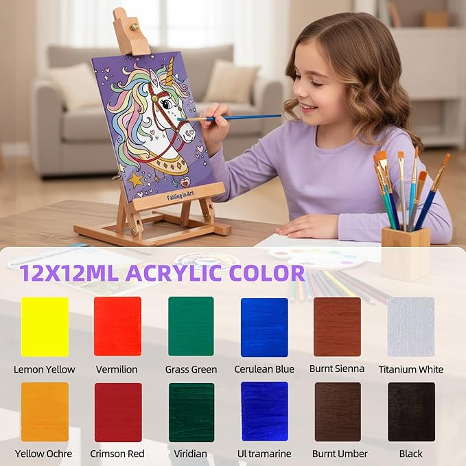 Falling in Art 46 Pcs Acrylic Paint Set with Table Easel, Art Painting Kit with Acrylic Paints, Canvas Panels, Paintbrushes, Canvas Supplies Kit for Kids, Adults, Beginners, and Artists, Purple