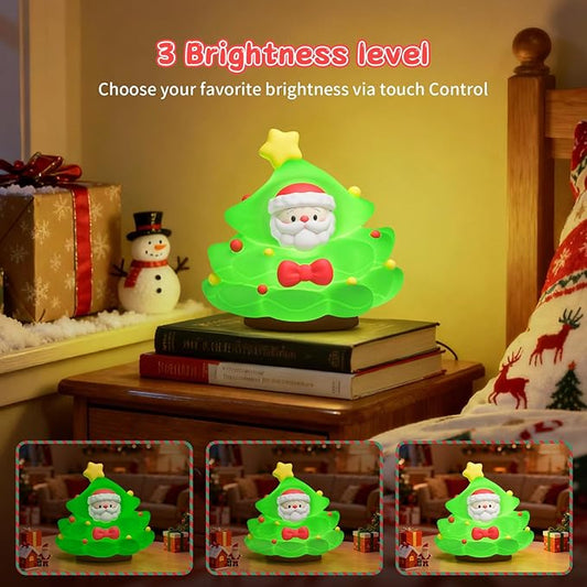 ICARER FAMILY Christmas Tree Night Light, Touch Control LED Lamp, Silicone Green with Yellow Star, USB Rechargeable, 3 Brightness with Auto-Off Feature, Indoor Bedroom Decor
