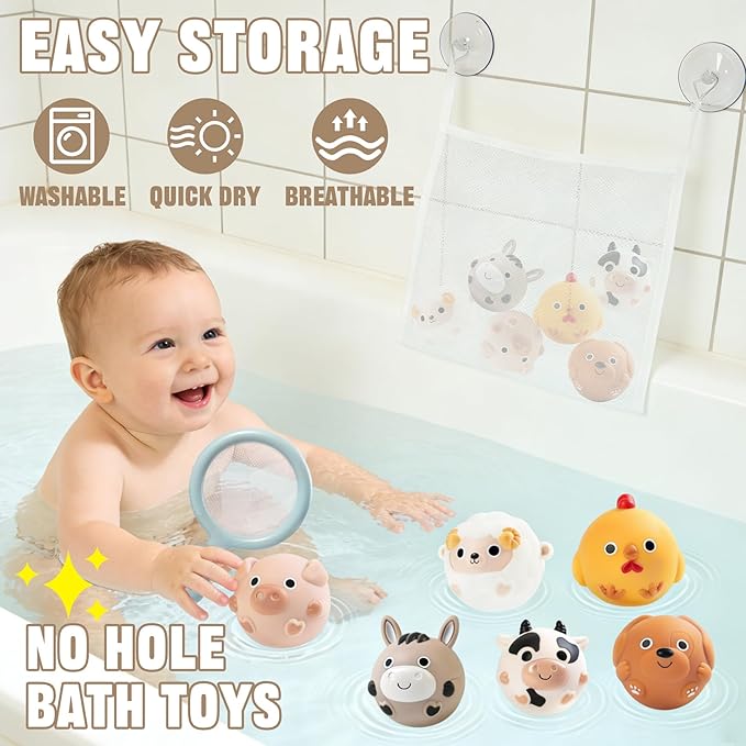 No-Hole Farm Bath Toys for Toddlers 1-3 | Slide, Basketball Hoop & 6 Animal Set | Easy to Clean & Dry Bathtub Play Gifts for Boys Girls