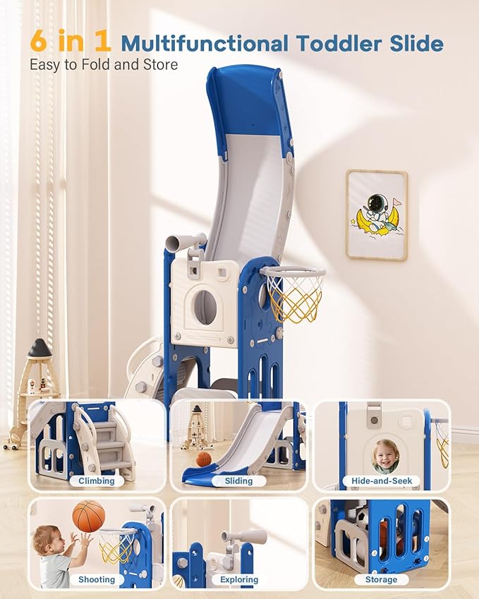 Babytronic Toddler Slide, 6 in 1 Kids Indoor Slide for Toddlers 1-3, Baby Indoor and Outdoor Climber Playset, Kids Slide with Basketball Hoop and Telescope, Toddler Outdoor Playground (Blue&Gray)