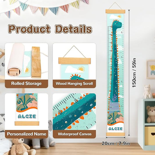 Personalized Name Growth Chart for Kids, Dinosaur Canvas Child Height Measurement, Kids Measuring Chart for Wall, Kids Room Wall Decor, Removable & Waterproof Growth Chart Ruler