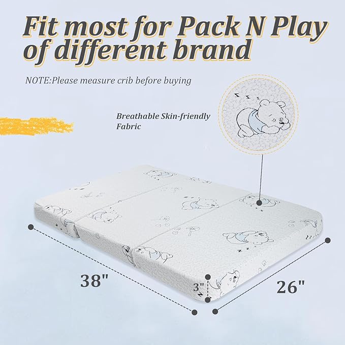Pack and Play Mattress Pad, 38"x 26" Dual-Sided Trifold Baby Mattress for Pack N Play with Breathable Washable Cover, Portable Memory Foam Pack N Play Mattresses Topper with Travel Carry Bag