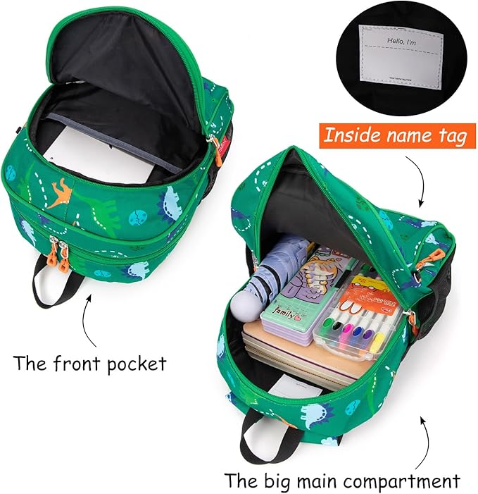 JinBeryl Toddler Backpack for Boys or Girls, Little Kids Backpack for Preschool or Kindergarten (Dinosaur Green, Mini)