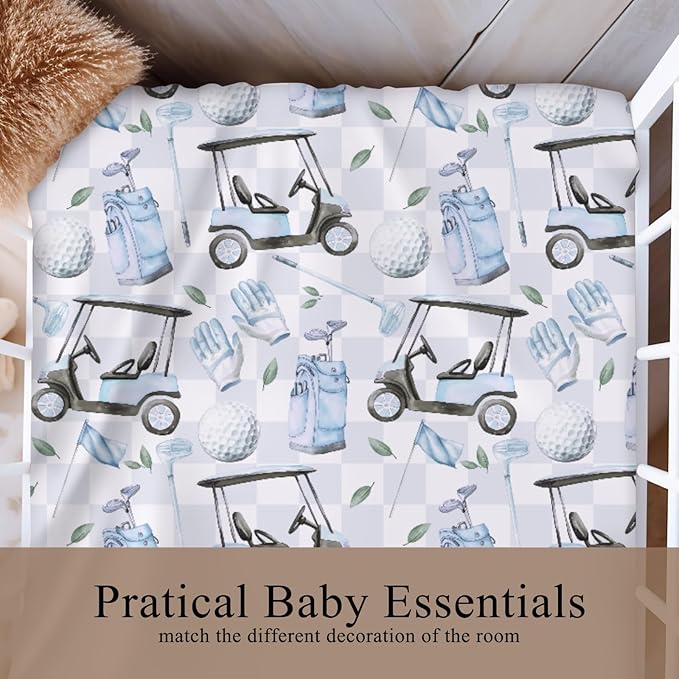 Golf Cart Gloves Bag Flag Blue Plaid Baby Crib Sheet for Boys Girls 52x28Inch Golfing Gear Sport Baby Sheet for Standard Crib and Toddler Bed Mattress Golfs Lovers Gift Nursery Bed Mattress