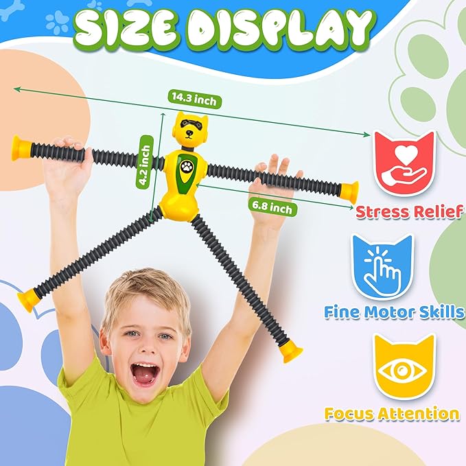 Valentines Day Gift for Boys Robot Dog Sensory Pop Tube for Toddler Kid 4PC Travel Toys Airplane Car Toy Activities Autistic Road Trip Suction Tube for Boys 3 - 8 ADHD Autism