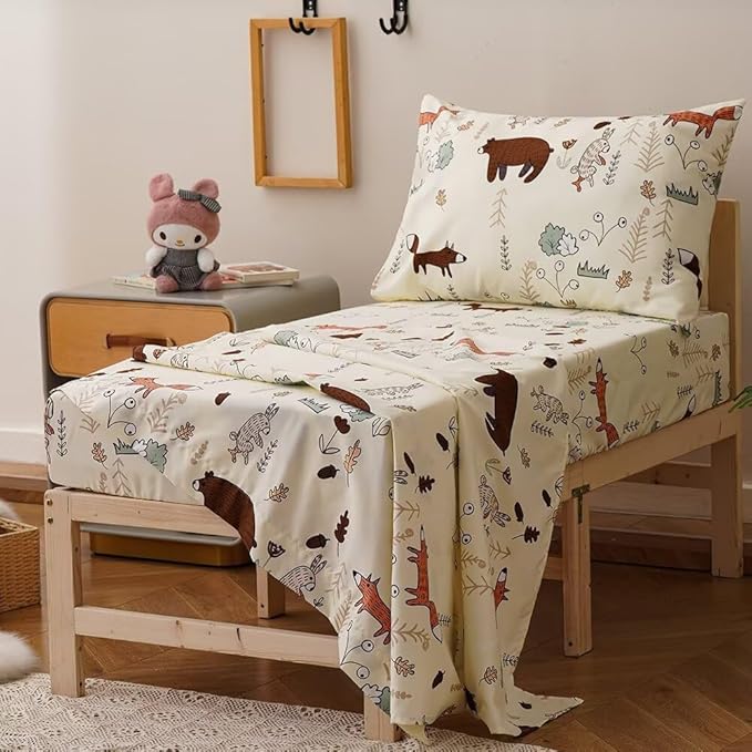 CLOTHKNOW Animal Toddler Bedding Sets for Boys, 4 Pieces Bedding Sets, Yellow Beige Bear Cartoon Pattern, Soft Crib Bed Set Including Comforter, Flat Sheet, Fitted Sheet and Pillowcase