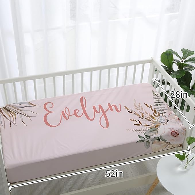 Personalized Baby Crib Bedding Set: 4 Piece Custom Bohemian Flowers Crib Bed Set with Name, Nursery Bedding Set for Baby Girls, Newborn Boys Crib Sets, Crib Bedding Custom Gift, Crib Sheet