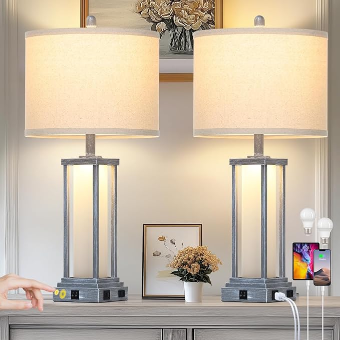 Cinkeda 27" Tall Vintage Table Lamp Set of 2 with USB C+A & Outlet,Gray Nightstand Lamp for Living Room,Retro Bedside Lamps with Frosted Glass Night Light for Bedroom Entryway,Grey