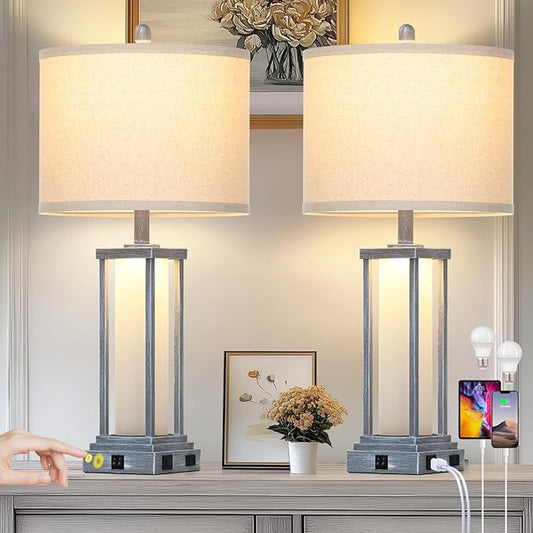 Cinkeda 27" Tall Vintage Table Lamp Set of 2 with USB C+A & Outlet,Gray Nightstand Lamp for Living Room,Retro Bedside Lamps with Frosted Glass Night Light for Bedroom Entryway,Grey