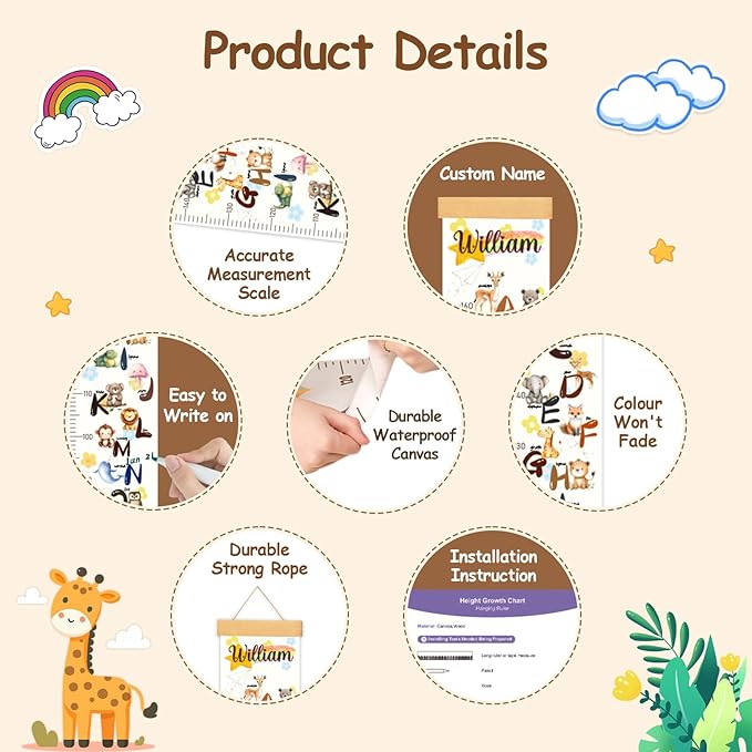 Personalized Name Baby Height Growth Chart Wall, Alphabet and Animal Canvas Growth Chart for Wall Removable, Waterproof Growth Ruler for Wall Toddler Wall Decor
