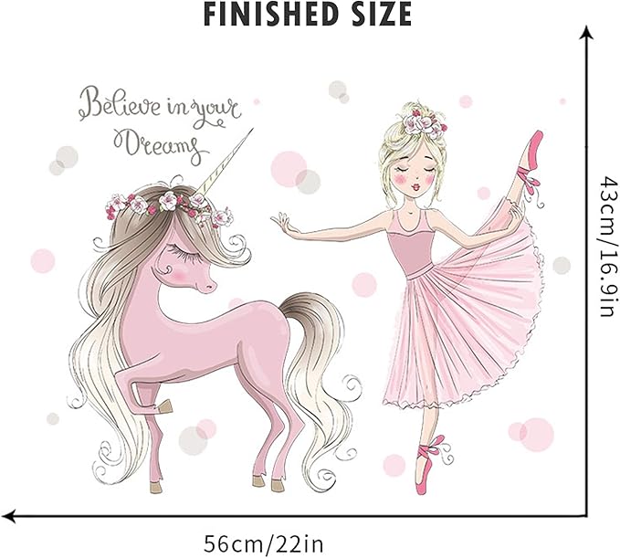ROFARSO Colorful Cute Lovely Wall Stickers for Kids Peel and Stick Removable Wall Decals DIY Decorations Decor for Nursery Baby Girls Bedroom Playroom Living Room (Ballet Girl with Unicorn)