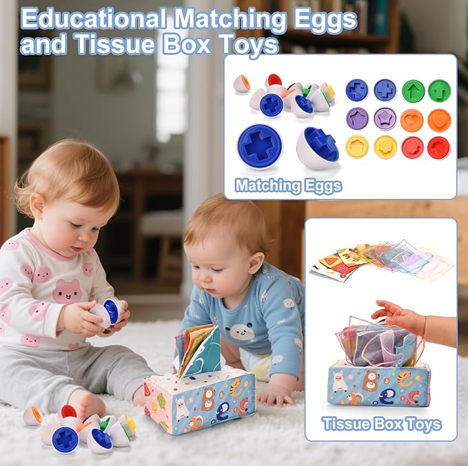 Baby Toys 6-12 Months,Baby Montessori Toys for 1 Year old,6-in-1 Sensory Toys for Babies 6-12 Month,Stacking Cups Building Blocks,Teething Pull String,Tissue Box Toys for 6-9-12-18 Months Baby Gifts