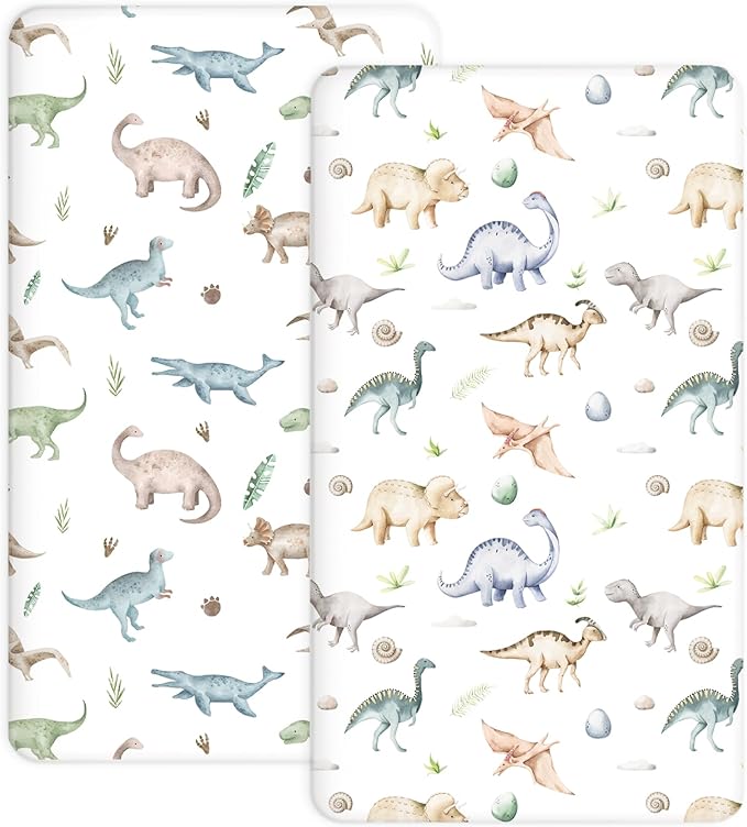 Pack and Play Sheets 2 Pack, Fitted Jersey Knit Mini Crib Sheets for Baby Boys and Girls, Compatible with Graco Pack N Play and Mini Crib Mattress (Dino Pals, Pack N Play/Mini Crib Sheets)