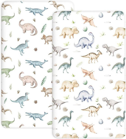 Pack and Play Sheets 2 Pack, Fitted Jersey Knit Mini Crib Sheets for Baby Boys and Girls, Compatible with Graco Pack N Play and Mini Crib Mattress (Dino Pals, Pack N Play/Mini Crib Sheets)