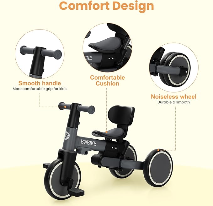 BoBike 5-in-1 Tricycle for Toddlers 18 Months to 5 Years, Kids Bike with Upgraded Pedals, Parent Push Handle, Balance Bike & Easy Assembly for Boys Girls (Grey)