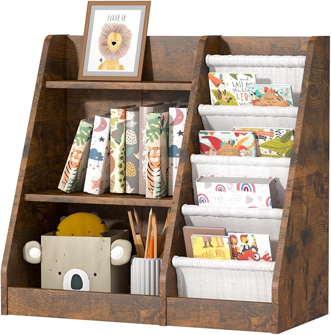HedoAjim Kids Bookshelf for Bedroom Toddler Children Baby Bookcase 3-Tier for Nursery Book Toy Storage Organizer 4 Sling Adjustable Display Shelf Book Rack Wood Classroom Playroom Rustic Brown