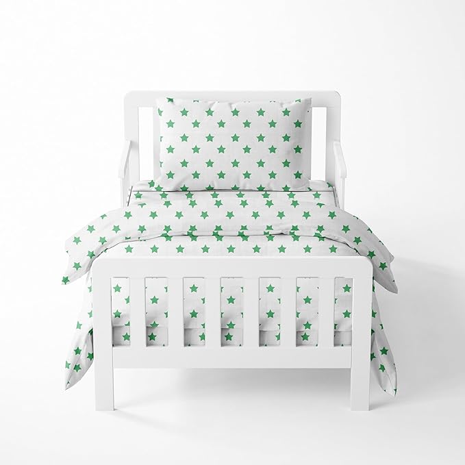 Bacati - Muslin Ikat Stars 4 Piece Neutral Toddler Bedding Set 100 Percent Cotton Includes Reversible Comforter, Fitted Sheet, Top Sheet, and Pillow Case (4 pc Toddler Bedding Set, Green Stars)
