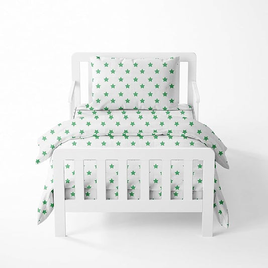 Bacati - Muslin Ikat Stars 4 Piece Neutral Toddler Bedding Set 100 Percent Cotton Includes Reversible Comforter, Fitted Sheet, Top Sheet, and Pillow Case (4 pc Toddler Bedding Set, Green Stars)