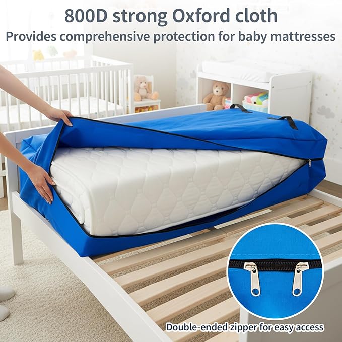 2 Pcs Oxford Cloth Waterproof Crib Mattress Storage Bag with Zipper and 8 Reinforced Handles Heavy Duty Reusable Crib Mattress Cover for Storage, 52.5 x 28 x 6.5 Inches (Blue)