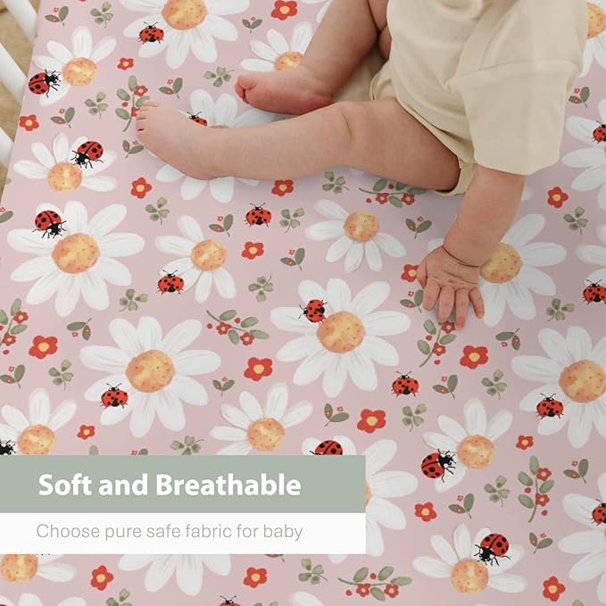 Spring Daisy Floral Baby Crib Sheets for Boy Girl 52x28Inch Boho Wildflower Leaves Soft Stretchy Fitted Crib Mattress Covers Greenery Nursery Baby Sheet for Crib and Toddler Bed Mattresses