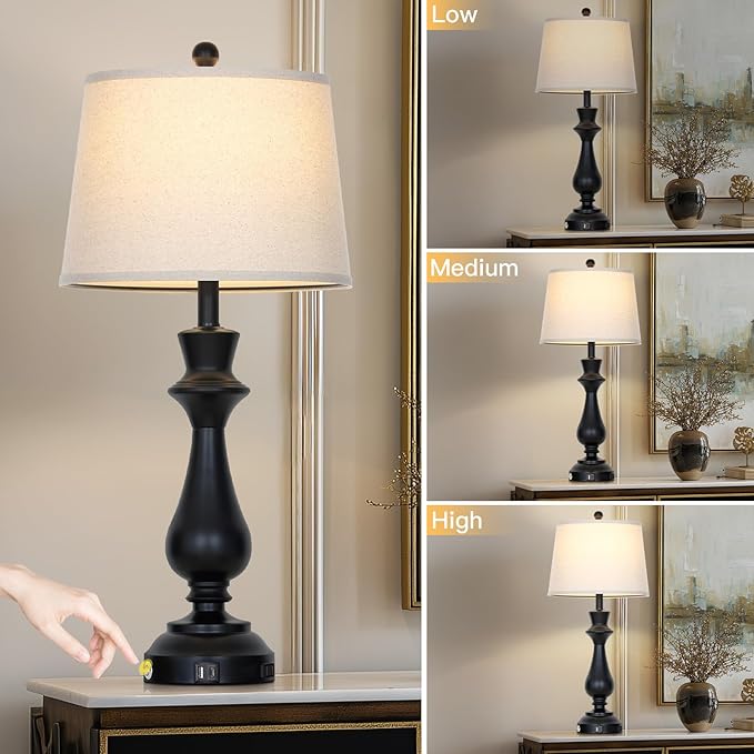 luxeflow Modern Black Table Lamps Set of 2 for Living Room,30" Tall Bedside Lamp with USB Charging Port,3-Way Dimmable Touch Nightstand Lamp for Bedroom Desk Side Table Office,Black