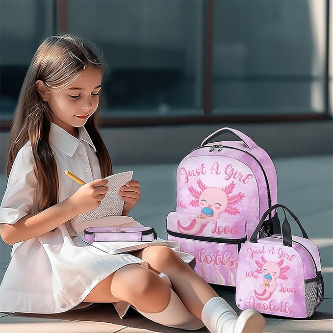 COZYAURA Kids Backpack with Lunch Box - Cute Axolotl Preppy Backpack for School - Lightweight Pink Backpacks for Girls