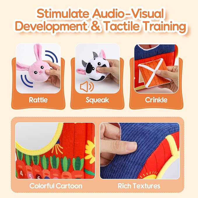 Baby Toys 6-12 Months, Soft Barn Montessori Sensory Infant Toy for 6 7 8 9 10 Month Old, 1st Birthday Baby Gifts for 1 Year Old Boy Girl, Stuffed Farm Animals, Rattle Squeaky Crinkle Sound & Mirror