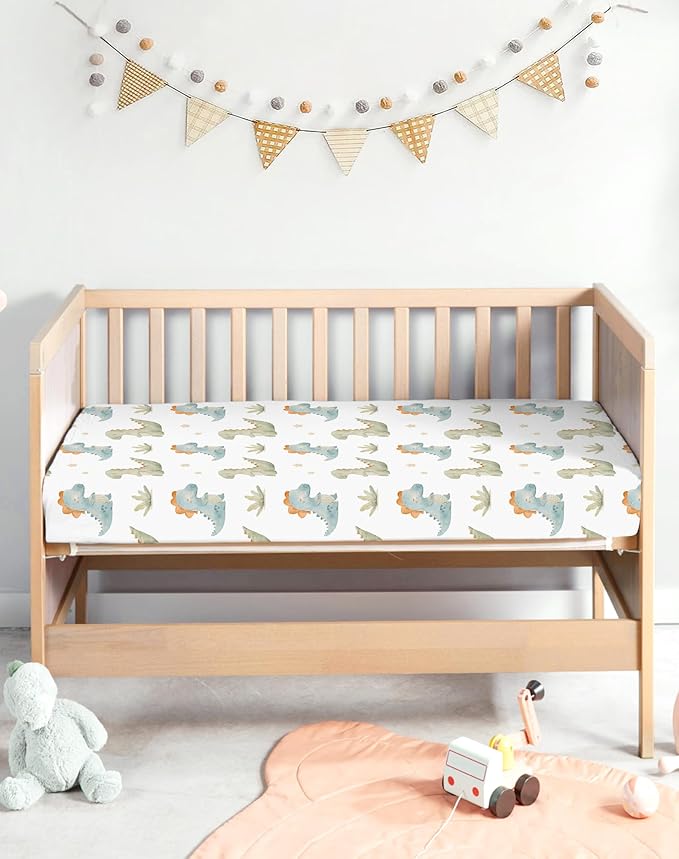 Pack and Play Sheets 2 Pack, Fitted Jersey Knit Mini Crib Sheets for Baby Boys and Girls, Compatible with Graco Pack N Play and Mini Crib Mattress (Tiny Dinos, Pack N Play/Mini Crib Sheets)