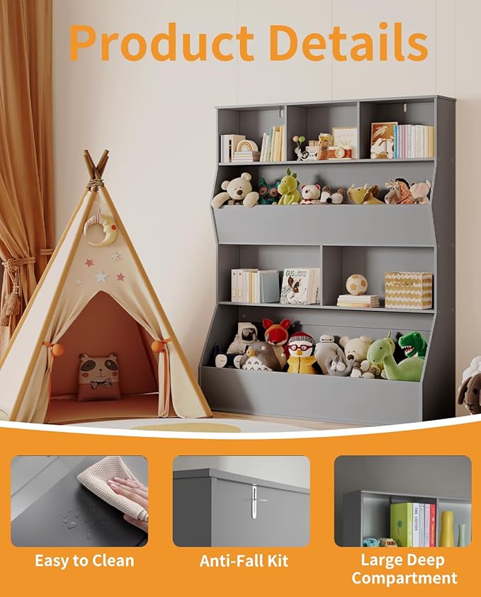 Arlopu Kids Bookshelf & Toy Storage Organizer, 4 Tier Wooden Cabinet with Open Design, Toddler-Friendly Bookcase for Playroom, Nursery, Classroom, Kindergarten (Grey)