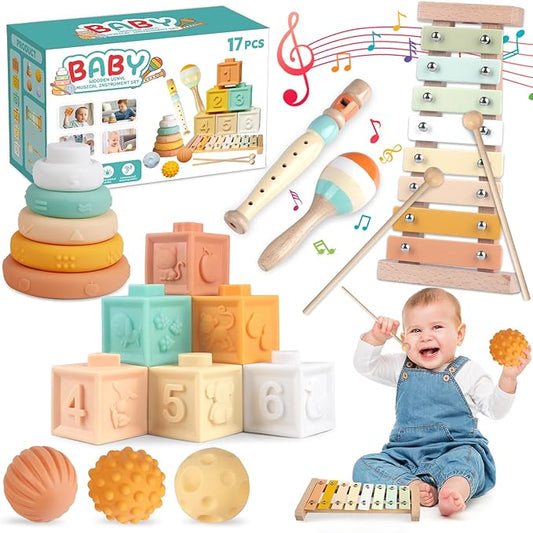 Baby Toys Montessori Toys 6 in 1 Musical Instruments for Toddler, Stacking Blocks Development Learning Educational Toy with Wooden Xylophone Infant Baby Birthday Gift