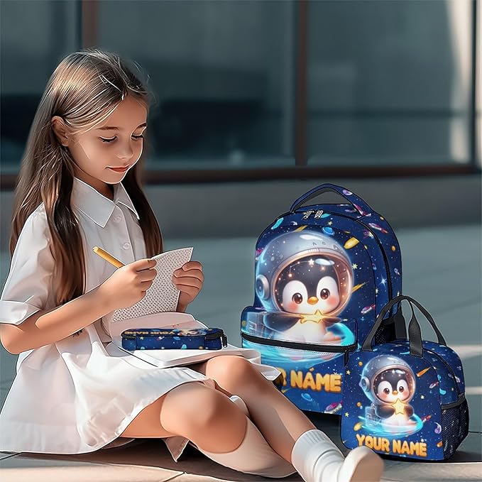 Custom Backpack - Penguin Backpacks with Lunch Bag for Girls Boys - Planet Bookbag for Kids Toddler - Personalized School Bag Set for Kindergarten/Preschool/Elementary(17 Inch)