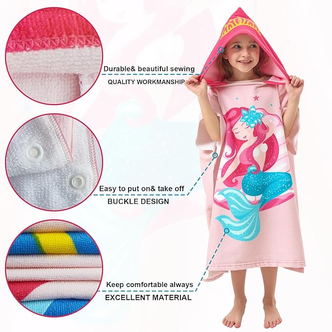 PINNKKU PINNKU Mermaid Beach Towel with Hood for 2-10 Years, Soft Absorbent Hooded Bath Towel for Boys Girls, Toddler Pool Swim Towel with Hood