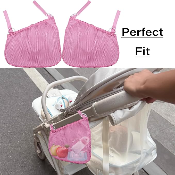 LiXiongBao 2 Pcs Side Sling Stroller Cargo Net,Universal Stroller Organizer Attachment Bag for Storage,Non-Slip and Adjustable Straps Portable Side Sling Storage Mesh Organizer(Pink)