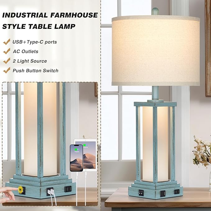 Cinkeda 27" Tall Vintage Table Lamp Set of 2 with USB C+A & Outlet,Nightstand Lamp for Living Room,Coastal Bedside Lamps with Frosted Glass Night Light for Bedroom Entryway,Blue
