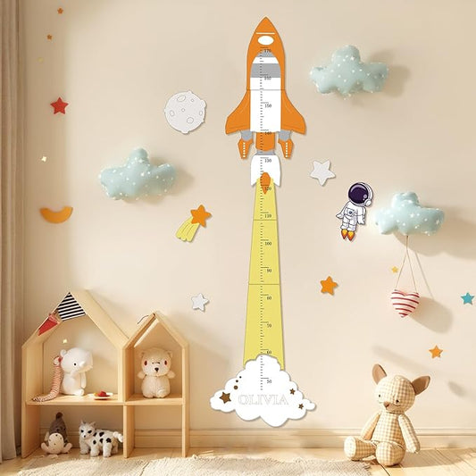 Woodemon Personalized Name Height Chart for Kids, Cute Rocket Wooden Growth Chart for Kids, Wall Height Chart for Children, Cute Wall Ruler for Kids, Track Height Measurement, Easy to Install
