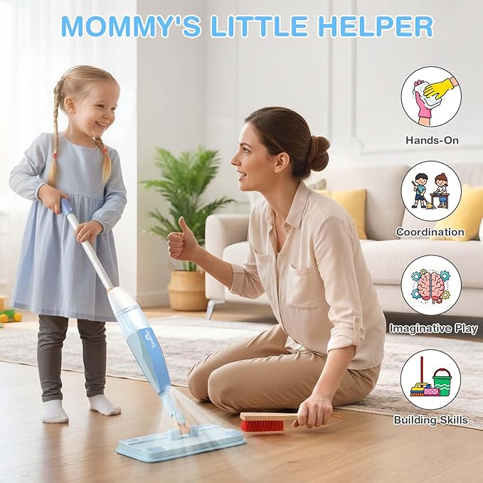 Dreamon Wooden Toddler Cleaning Set - 10Pcs Kids Cleaning Toy Set with Real Working Kids Spray Mop, Montessori Cleaning Toys with Broom and Mop Set for Toddlers Girls Boys Age 3-6