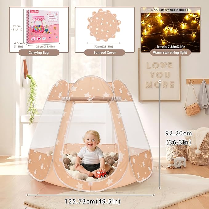 Pop Up Princess Tent with Star Light, Toys for 1 2 3 Year Old Girl Birthday Gift, Ball Pit for 12-18 Months Baby Girl Gifts Toddler Toys, Easy to Pop Up and Assemble(Brown)