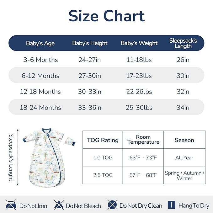 Baby Sleep Sack 3–6 Months, Cotton Sleep Sack with Detachable Long Sleeves, 1.0 TOG Wearable Blanket for Cooler Nights, 2-Way Zipper Toddler Sleeping Sack with Temperature Strip, Dinosaur