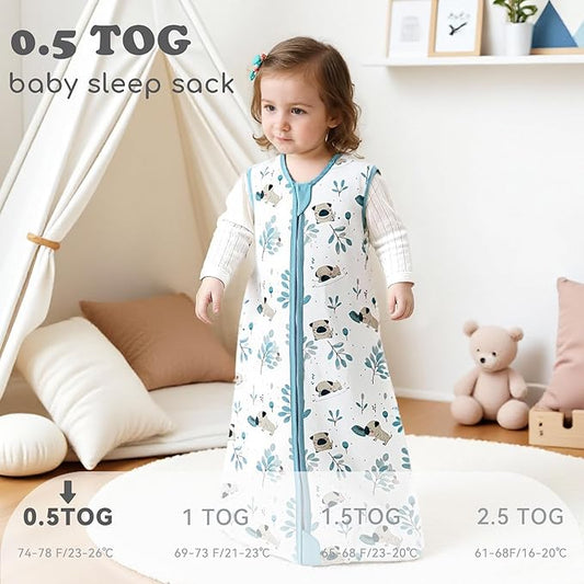 Baby Sleep Sack 0-6 Months 0.5 TOG, 100% Cotton Baby Wearable Blanket with 2-Way Zipper, Infant Toddler Sleeping Sack for Newborn Boys and Girls, Blue & Puppy