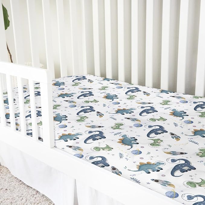 Watercolor Space Dinosaurs Baby Crib Sheet 52''x28'' Cute Dinosaur Rockets Planet Stars Leaves Snug Fitted Crib Mattress Cover for Boy Girl Soft Baby Bed Sheet for Standard Crib and Toddler Mattress