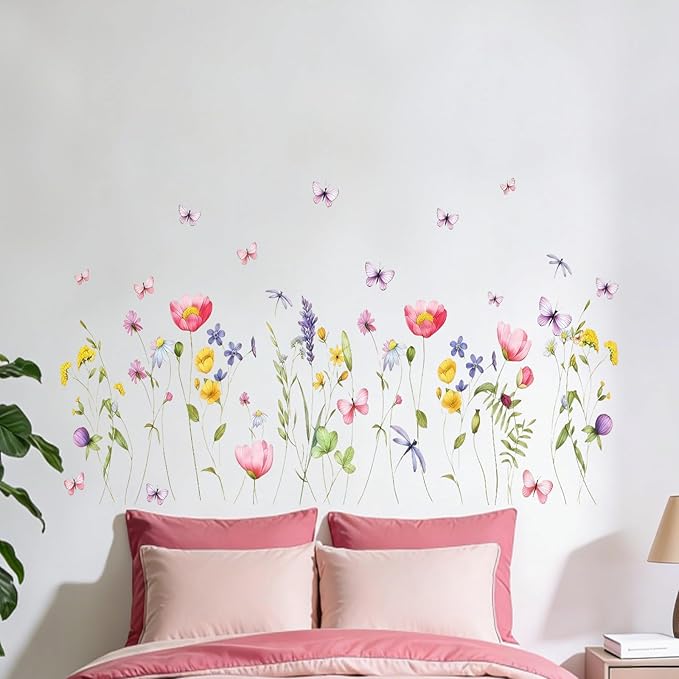 Boho Flower Wall Decals Wildflower Floral Dandelion Grass Wall Stickers Girls Bedroom Baby Nursery Kids Room Wall Decor