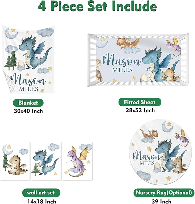 Custom Baby Crib Bedding Set,Personalized Name Blue Dinosaur Pattern Nursery Bed Set 4 Piece,Baby Blanket Fitted Sheet Nursery Rug Wall Art Set,Custom Room Decor Idea Gift for Newborns Boys Girls