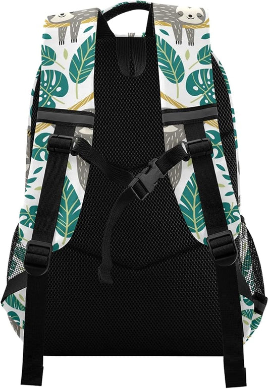 MNSRUU School Backpack with Chest Strap, Cute Sloths And Tropical Palm Leaves Laptop Backpack, Travel Hiking Backpack for Boys Girls, Rucksack, Knapsack